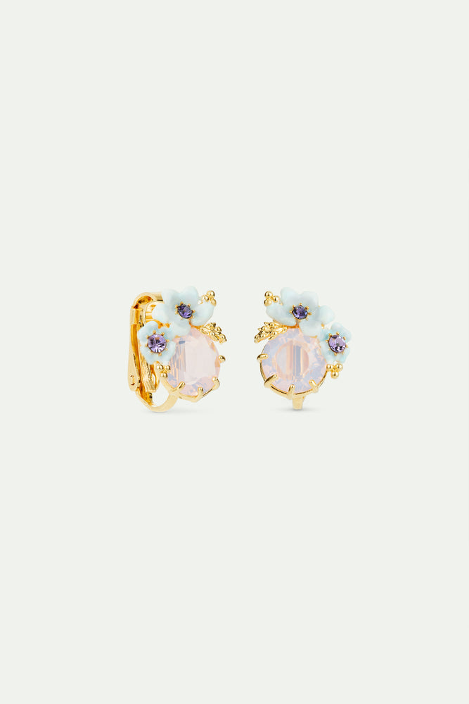 Round Purple Stone and Blue Flowers Wedding Clip-On Earrings