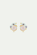 Round Purple Stone and Blue Flowers Wedding Clip-On Earrings
