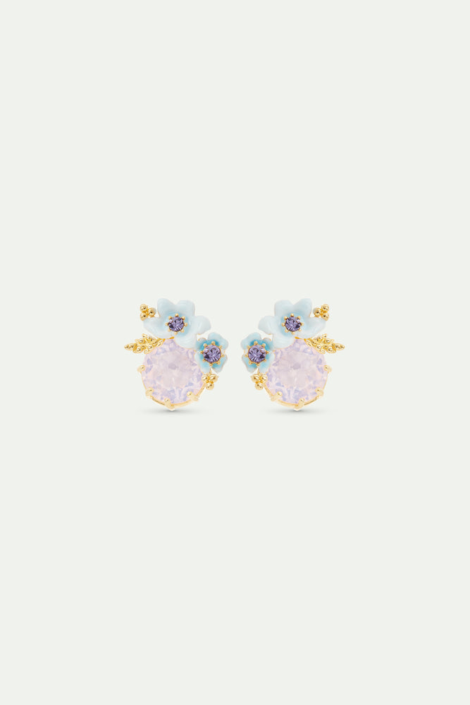 Round Purple Stone and Blue Flowers Wedding Post Earrings