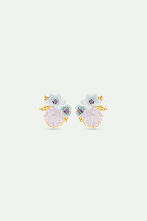 Round Purple Stone and Blue Flowers Wedding Post Earrings