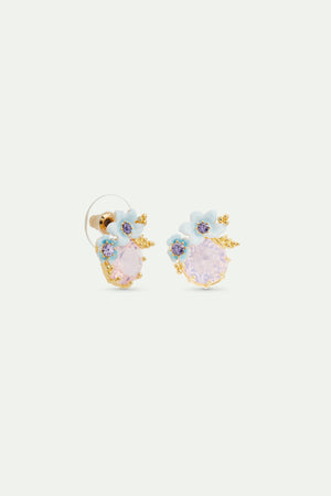 Round Purple Stone and Blue Flowers Wedding Post Earrings