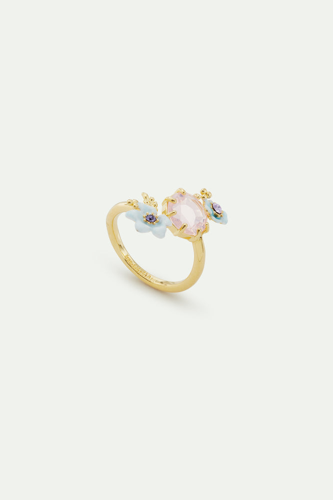 Round Purple Stone, Little Flowers and Crystal Adjustable Ring