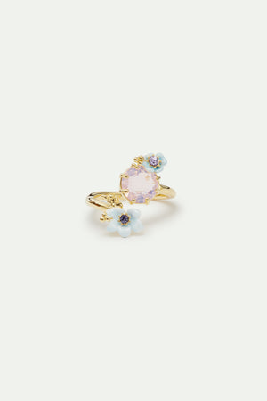Round Purple Stone, Little Flowers and Crystal Adjustable Ring