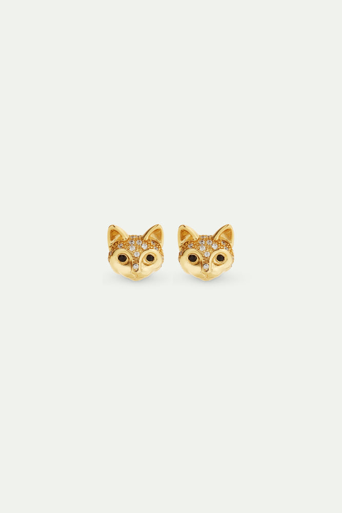 Les  Néréides Loves Animals - Golden Cat Head and Crystal Post Earrings