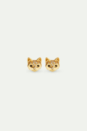 Les  Néréides Loves Animals - Golden Cat Head and Crystal Post Earrings