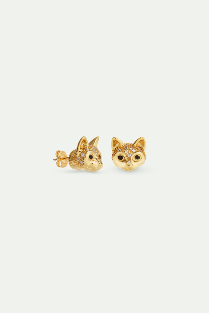 Les  Néréides Loves Animals - Golden Cat Head and Crystal Post Earrings