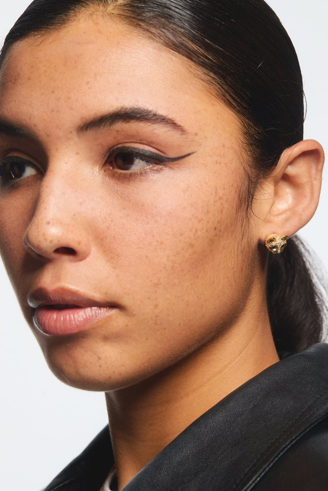 Les  Néréides Loves Animals - Golden Cat Head and Crystal Post Earrings