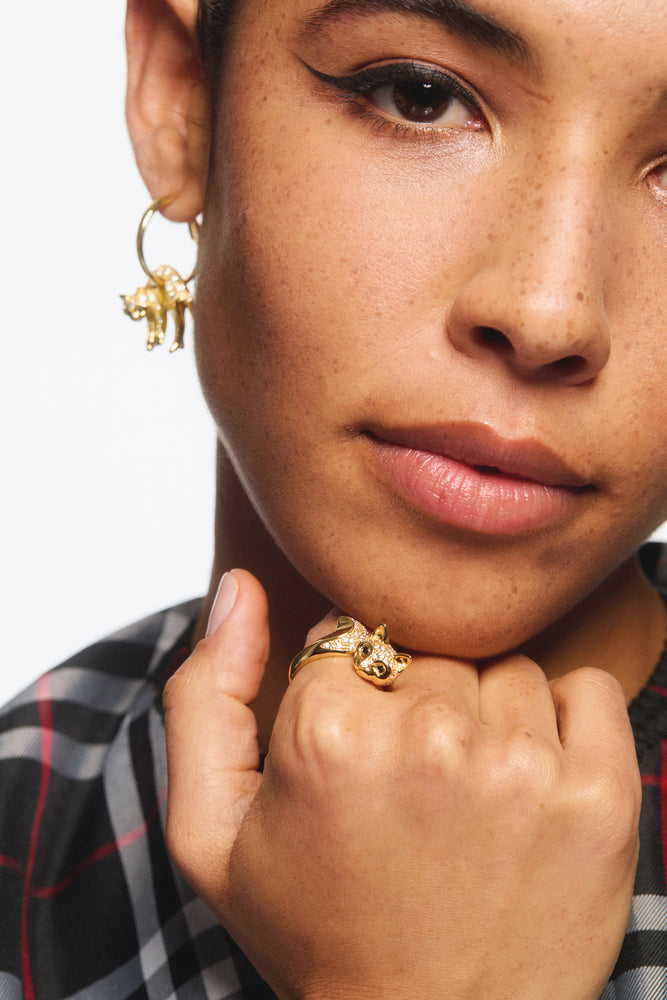 Les Néréides Loves Animals - Golden Cat and Crystal Adjustable Ring