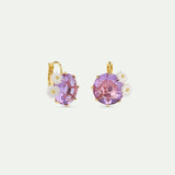 Lavender Diamantine Round Stone Sleeper Earrings with Daisies