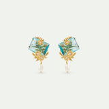 Blue Cut Stone, Golden Flowers and Cultured Pearl Post Earrings