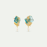 Blue Cut Stone, Golden Flowers and Cultured Pearl Post Earrings