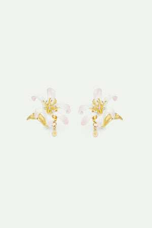 Large White Lily Earrings and Golden Leaves Clip-On Earrings