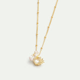 Lily Flower and Faceted Stone Pendant Necklace