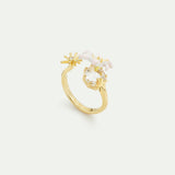 White Lily Flower and Faceted Stone Adjustable Gold-Plated Ring