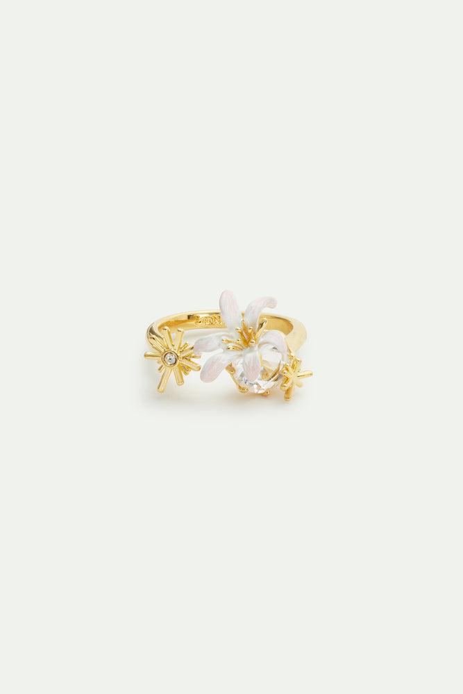 lily white jewellery White Lily Flower and Faceted Stone Adjustable Gold-Plated Ring