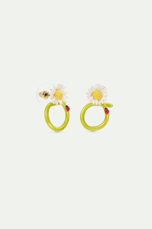White Flower and Ladybird Post Hoop Earrings