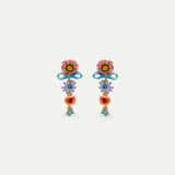 Pink and Blue Flowers and Fine Ribbon Dangle Clip-On Earrings