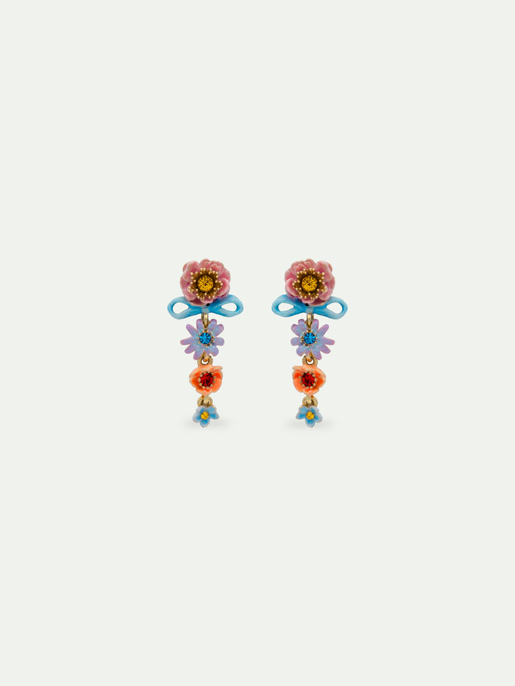 Pink and Blue Flowers and Fine Ribbon Dangle Clip-On Earrings