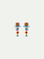 Pink and Blue Flowers and Fine Ribbon Dangle Clip-On Earrings