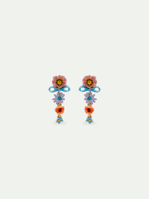 Pink and Blue Flowers and Fine Ribbon Dangle Clip-On Earrings