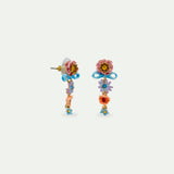 Pink and Blue Flowers and Fine Ribbon Dangle Post Earrings