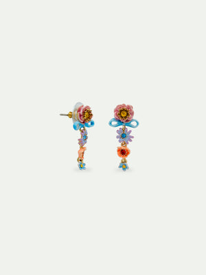Pink and Blue Flowers and Fine Ribbon Dangle Post Earrings
