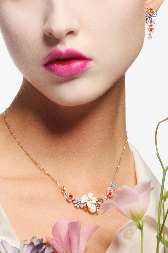 Pink and Blue Flowers and Fine Ribbon Dangle Clip-On Earrings