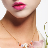 Pink and Blue Flowers, Lily and Mother of Pearl Round Stone Statement Necklace