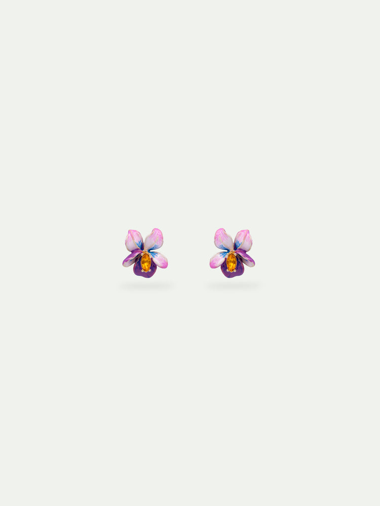 Asymmetrical Violet Flower and Blue Stone Post Earrings