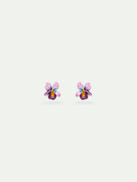 Asymmetrical Violet Flower and Blue Stone Post Earrings