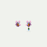 Asymmetrical Violet Flower and Blue Stone Post Earrings