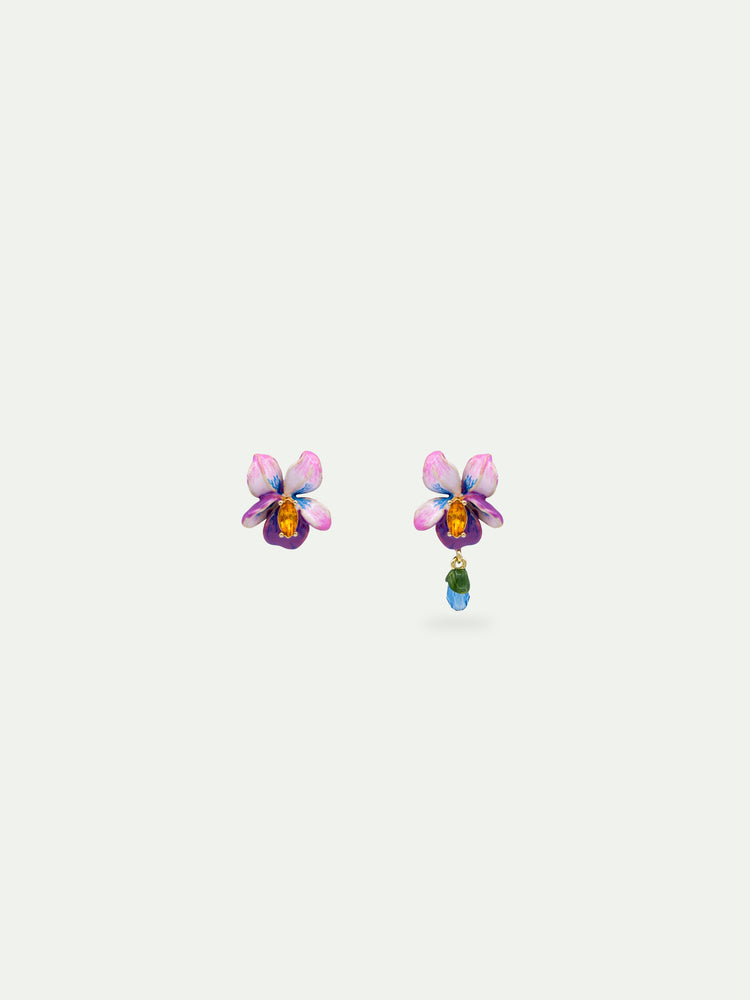 Asymmetrical Violet Flower and Blue Stone Post Earrings