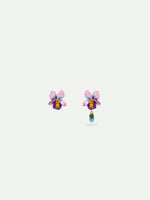 Asymmetrical Violet Flower and Blue Stone Post Earrings