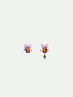 Asymmetrical Violet Flower and Blue Stone Post Earrings