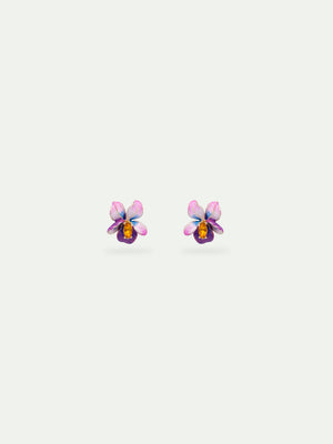 Asymmetrical Violet Flower and Blue Stone Post Earrings