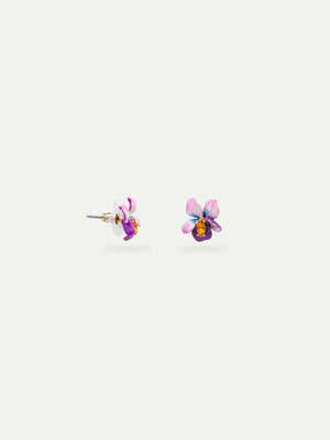 Asymmetrical Violet Flower and Blue Stone Post Earrings