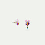 Asymmetrical Violet Flower and Blue Stone Post Earrings