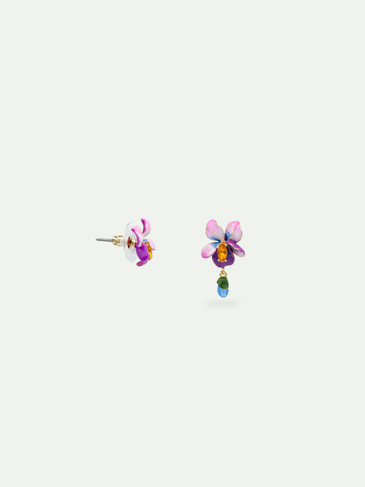 Asymmetrical Violet Flower and Blue Stone Post Earrings
