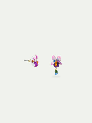Asymmetrical Violet Flower and Blue Stone Post Earrings