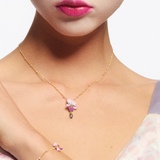Violet Flower and Hanging Blue Stone Beaded Chain Pendant Necklace