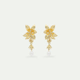 Lily Flower and Cultured Pearl Golden Dangle Earrings