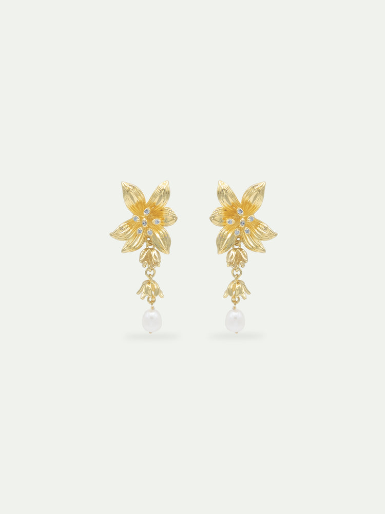 Lily Flower and Cultured Pearl Golden Dangle Clip-On Earrings