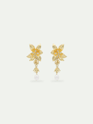 Lily Flower and Cultured Pearl Golden Dangle Clip-On Earrings
