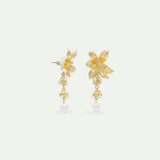Lily Flower and Cultured Pearl Golden Dangle Earrings