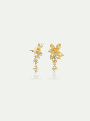 Lily Flower and Cultured Pearl Golden Dangle Earrings
