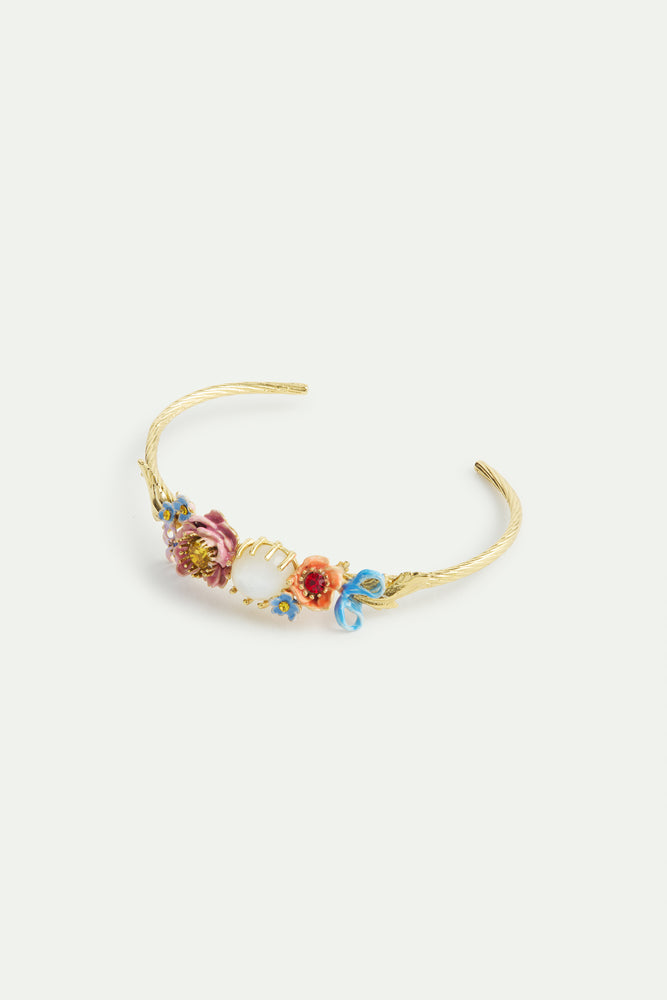 Bangle Bracelet Adorned with Pink and Blue Flower and Mother of Pearl Round Stone