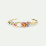 Bangle Bracelet Adorned with Pink and Blue Flower and Mother of Pearl Round Stone
