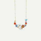 Pink and Blue Flowers, Lily and Mother of Pearl Round Stone Statement Necklace