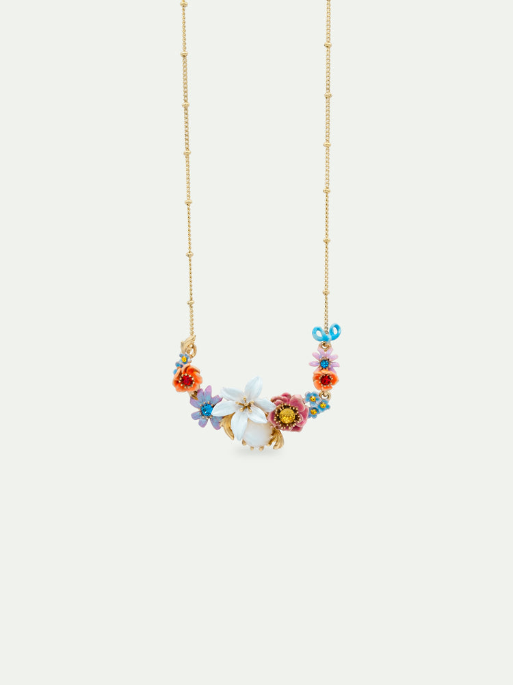 Pink and Blue Flowers, Lily and Mother of Pearl Round Stone Statement Necklace