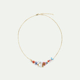 Pink and Blue Flowers, Lily and Mother of Pearl Round Stone Statement Necklace